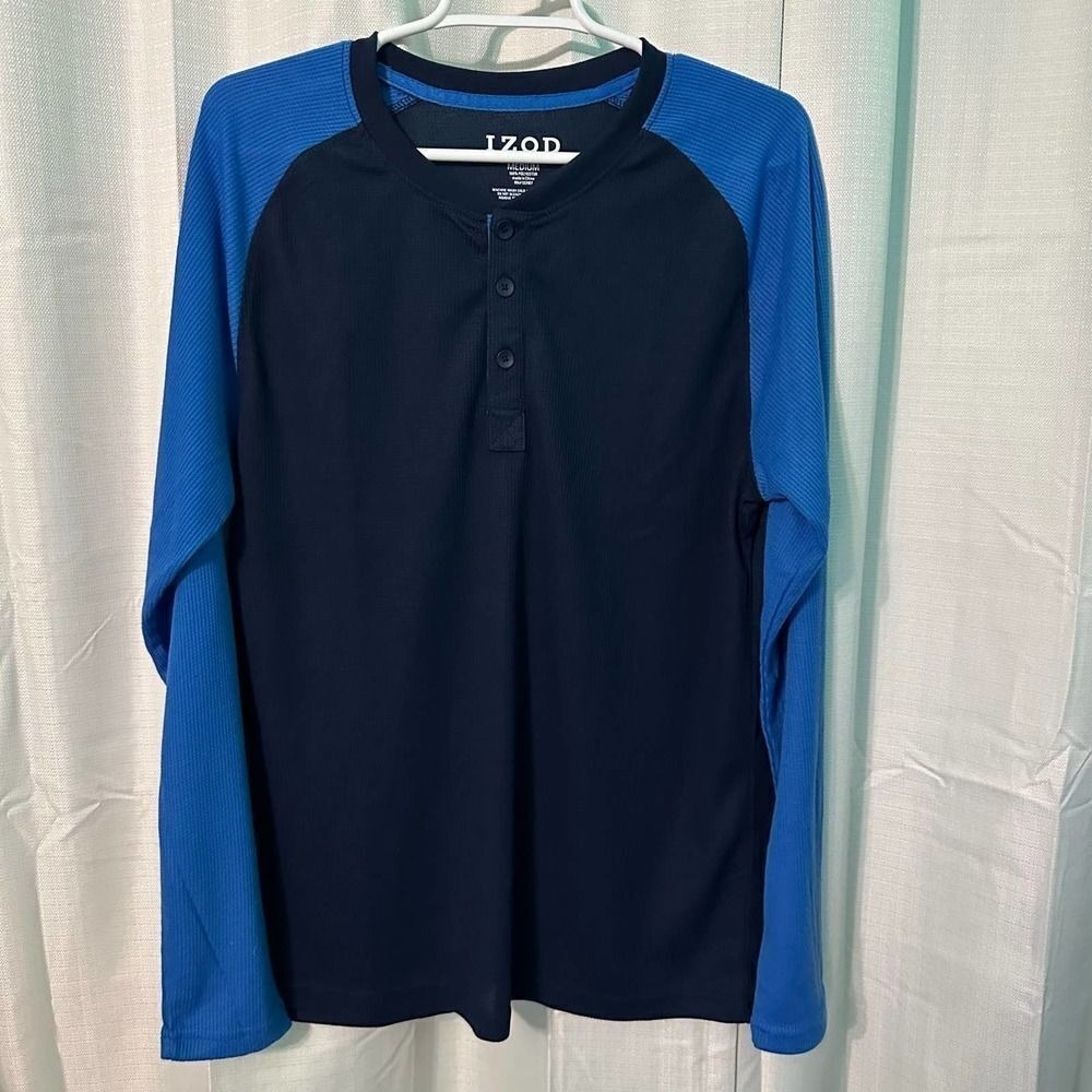 IZOD Sleepwear Henley Mens Size Medium Blue Raglan Long Sleeve Pajama‎ Top